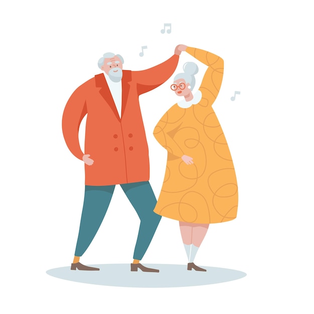 Vector cheerful retirees character senior man and woman dancing elder couple dance cartoon flat vector hand