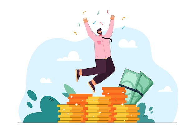 Vector cheerful rich banker jumping and celebrating trade success flat illustration