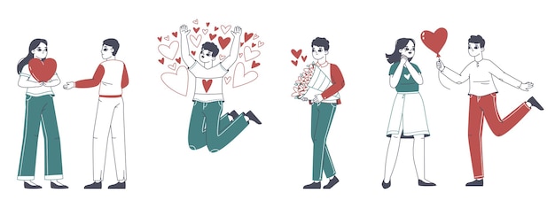 Cheerful romantic people in love sharing and giving hearts flat vector illustrations on white