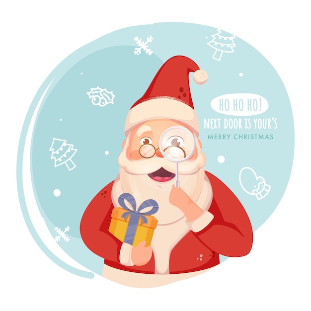 cheerful santa claus holding gift box with magnifying glass on blue and white background for merry christmas festival.