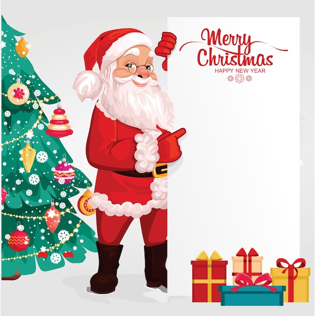 Cheerful Santa Claus, smiling cartoon character, on a background with a Christmas tree. Christmas holiday, against the background of the banner. vector illustration