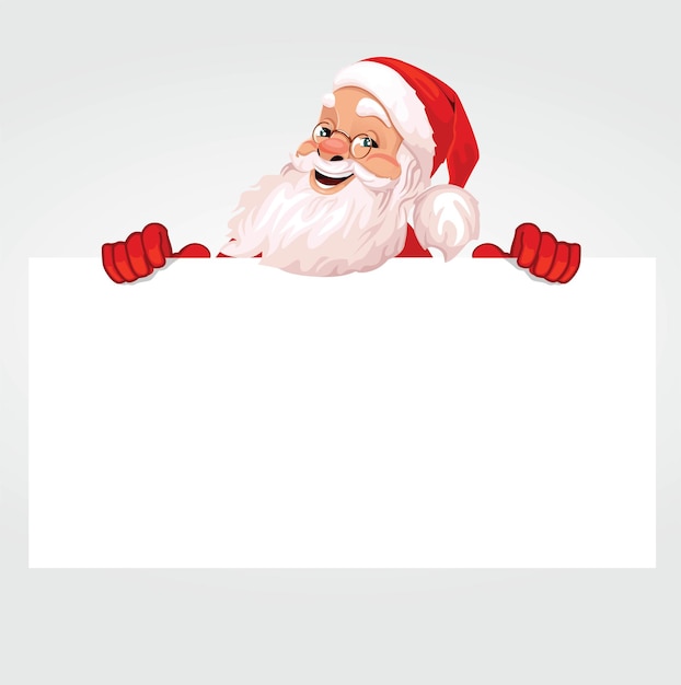 Cheerful Santa Claus stands behind a large banner, signboard, advertising banner.Vector graphics