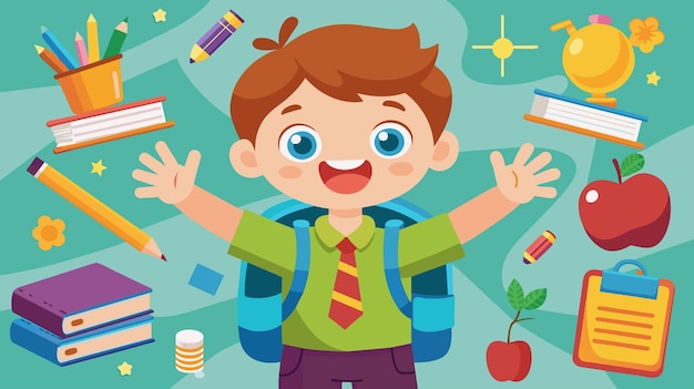 Cheerful Schoolboy With Books and Supplies