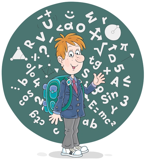 Cheerful schoolboy with his schoolbag surrounded by mathematical formulas and symbols