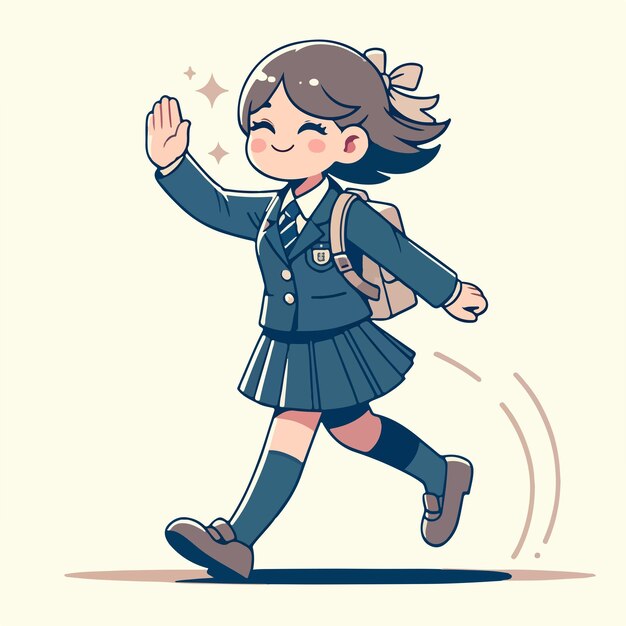 Vector a cheerful schoolgirl in a uniform energetically walking with a wave and a bright smile