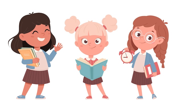 Vector cheerful schoolgirls, set of three poses. cute girls cartoon characters. back to school concept