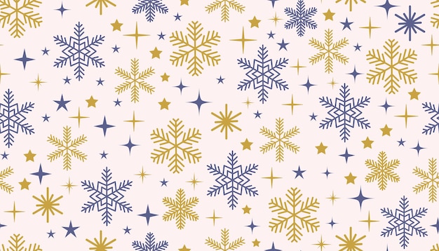 フラットなアニメのスタイルで雪花と星を特徴とする陽気なシームレスパターン