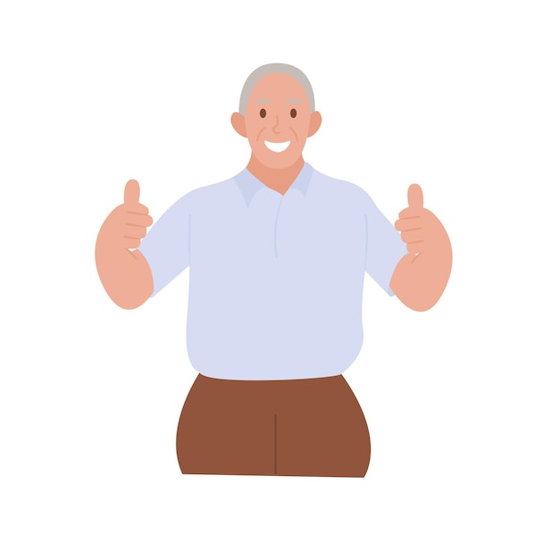 Cheerful senior man giving a thumb up smiling looking at camera character illustration vector flat