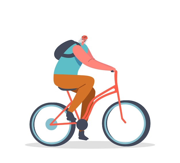 Cheerful Senior Woman Wear Backpack and Helmet Riding Bicycle Pensioner Active Lifestyle Aged Female Character Extreme Activity on Bike Walking Travel or Relax Cartoon People Vector Illustration