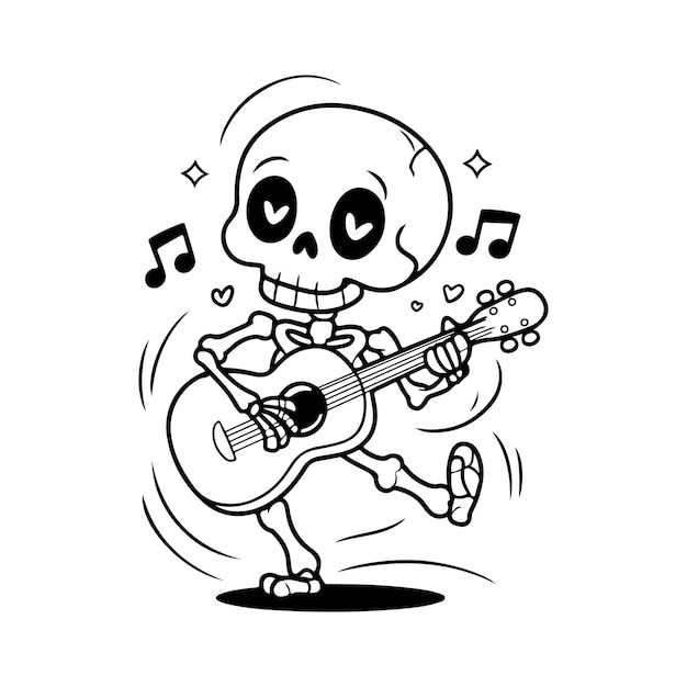 cheerful skeleton playing the guitar and dancing to the music