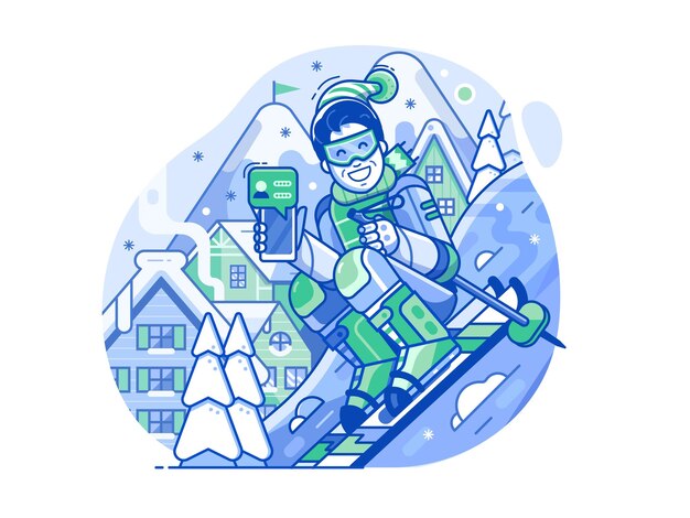 Веселый лыжник со смартфоном на склоне