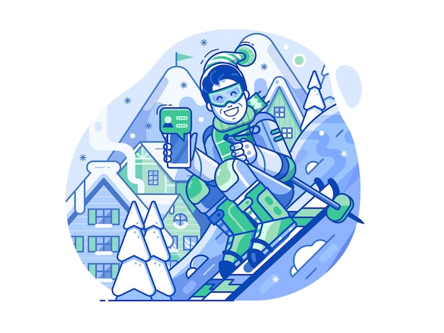 Vector cheerful skier man with smart phone on slope