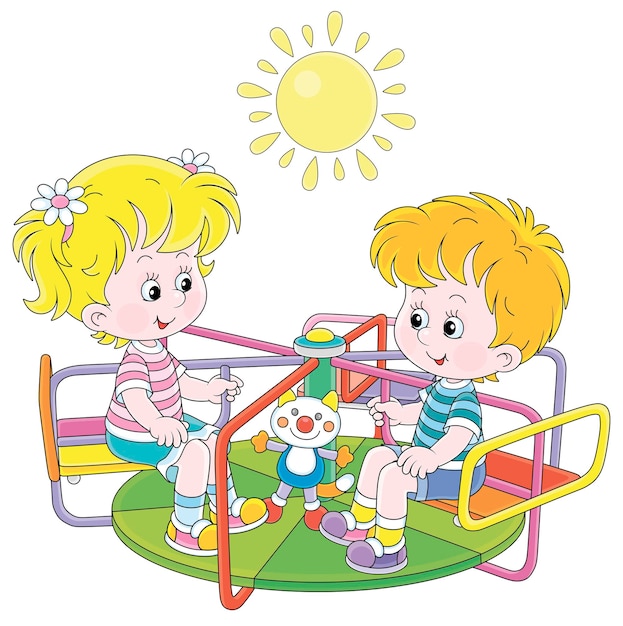 Vector cheerful small children playing and swinging on a colorful toy swing on a summer playground