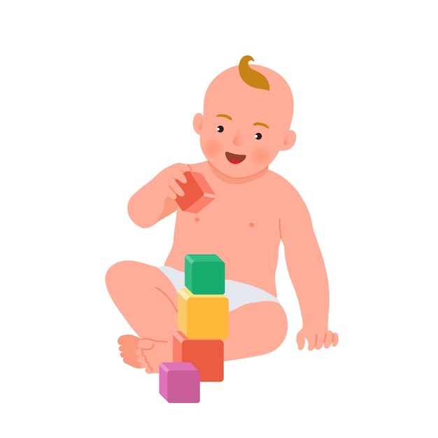 Vettore bambino sorridente allegro che gioca con i cubi colorati. bambino che gioca giocattolo in via di sviluppo. giocattoli per bambini piccoli. sviluppo iniziale