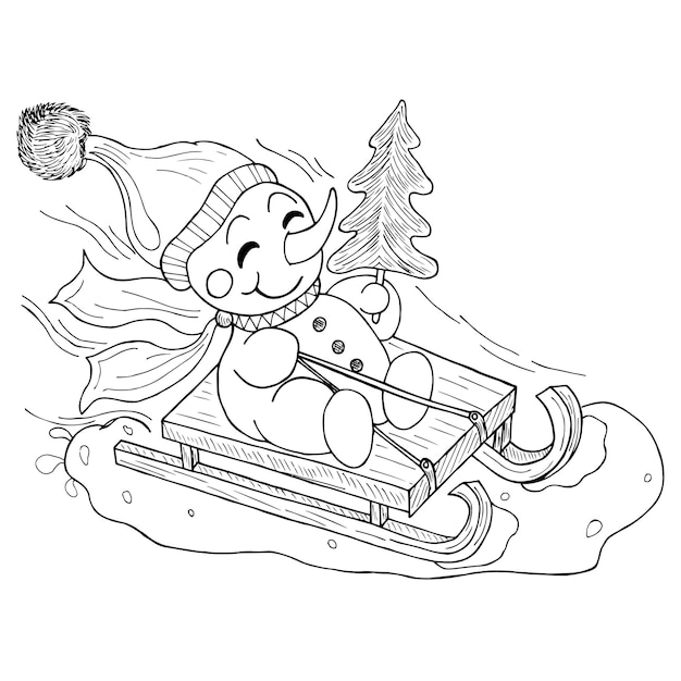 A cheerful snowman riding on a holiday on a sled with a christmas tree