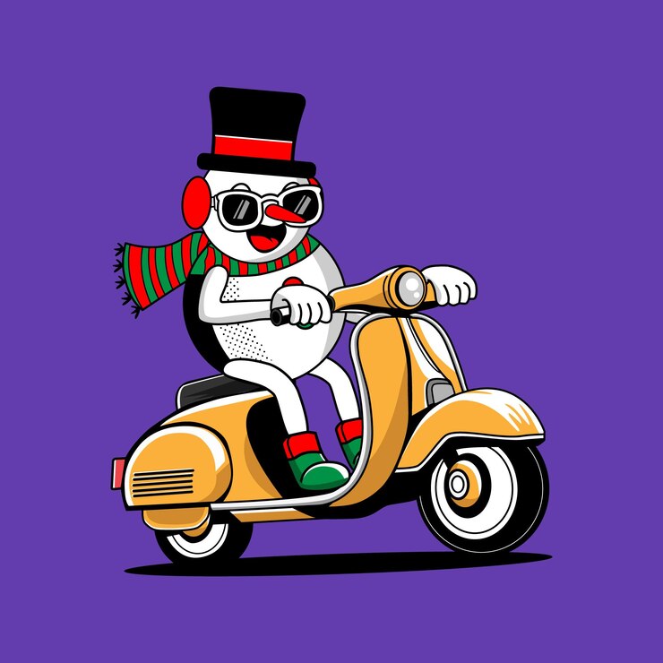 Vector スクーターに乗った陽気なスノーマンクリスマスの祭りのイラスト