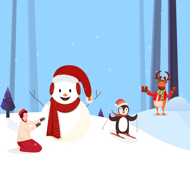 Cheerful snowman wearing santa hat with scarf