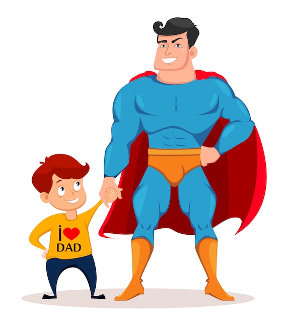 Vector cheerful son and dad in costume of superhero