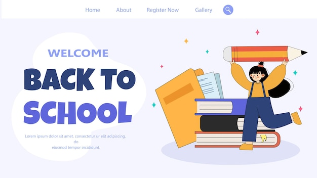 cheerful student holding giant pencil with stack of books and school supplies