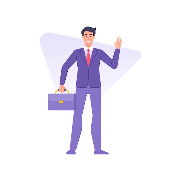 Vector cheerful stylish business man holding briefcase with documents greeting hand vector flat