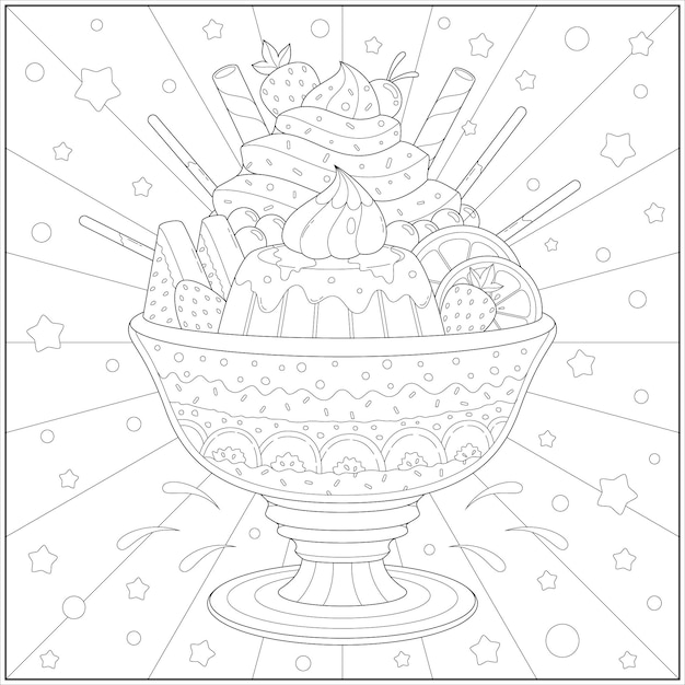 Vector cheerful sundae ice cream coloring page for adult