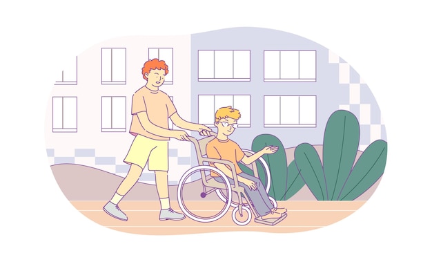 Cheerful teenage boy pushing wheelchair with disabled friend