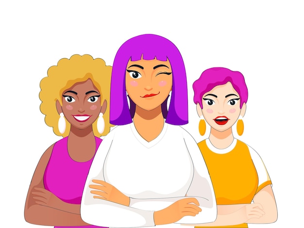 Vector cheerful three young women of different nationalities on white background