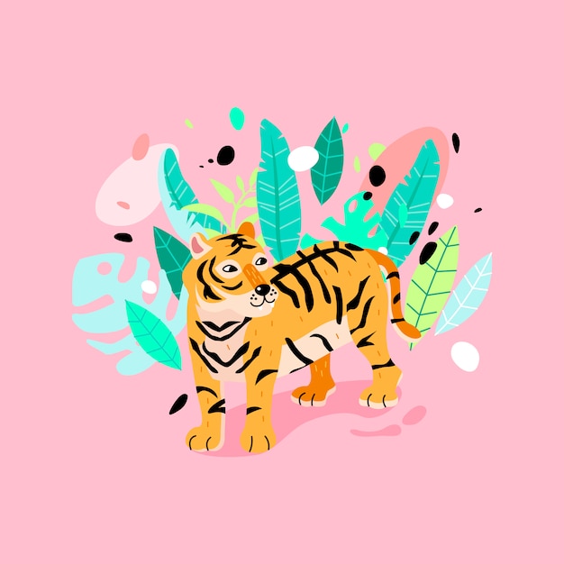 Жизнерадостный тигр в иллюстрации тропического леса.