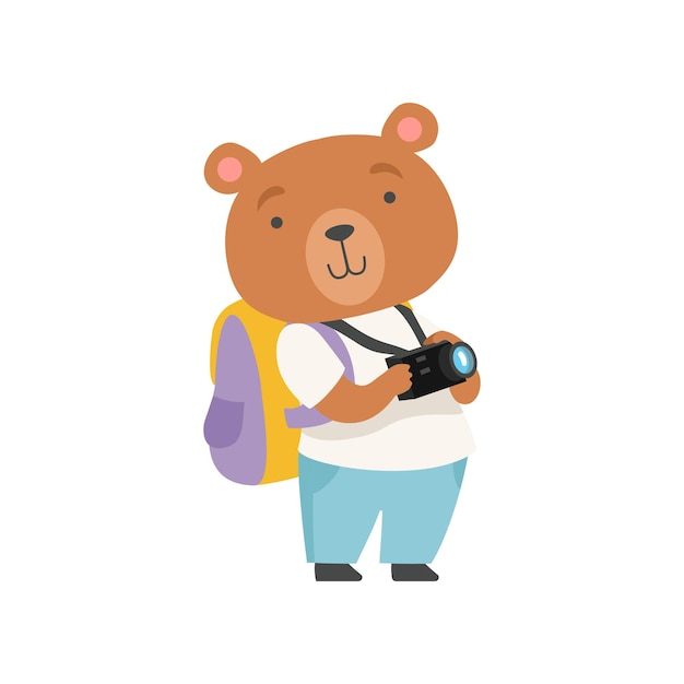 Cheerful tourist bear taking pictures with camera cute animal cartoon character travelling on summer vacation vector Illustration isolated on a white background