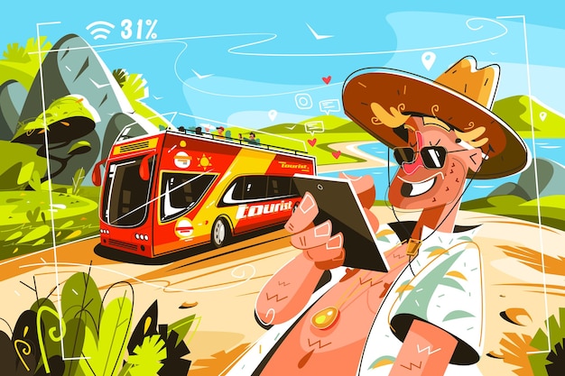 Vector cheerful tourists on bus vector illustration cartoon smiling man in shirt and cap surfing internet