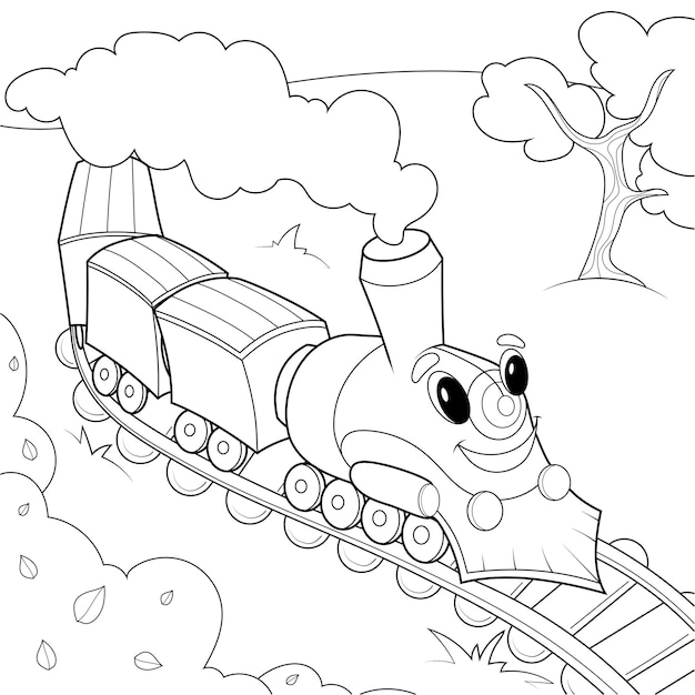 Cheerful train with a face rides on the rails in the field Childrens coloring black lines