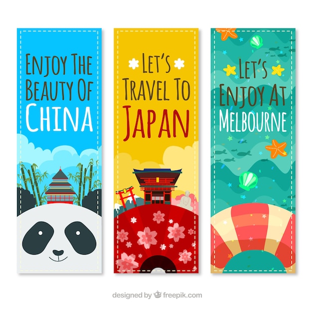 Cheerful travel banners to different places