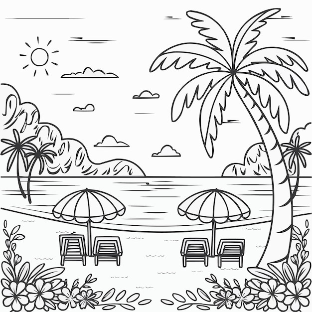 Cheerful Tropical Beach Scene Line Art for Kids Coloring Pages