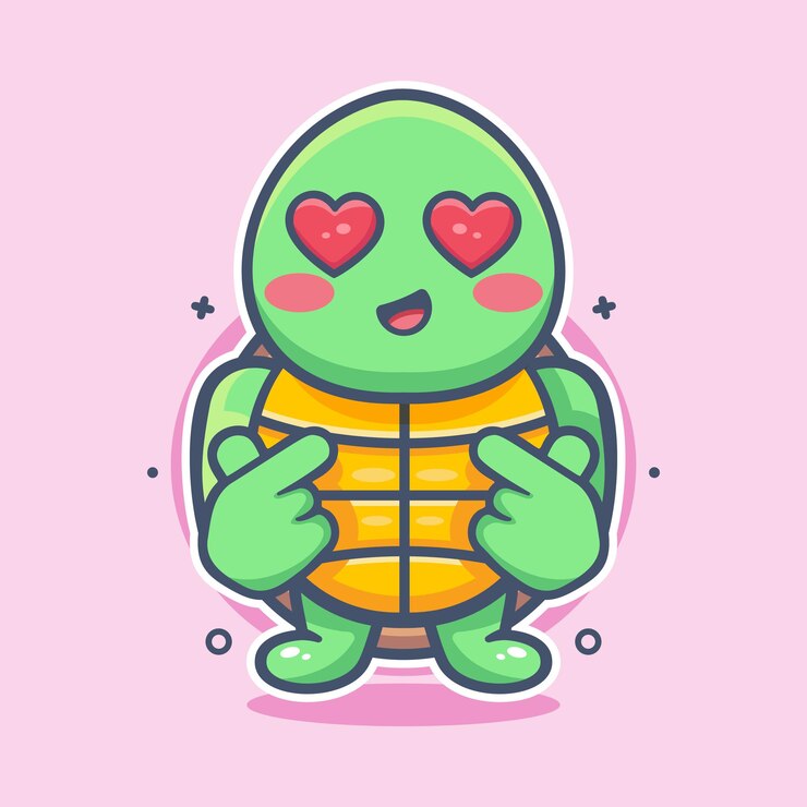 Vector cheerful turtle animal character mascot with love sign hand gesture isolated cartoon