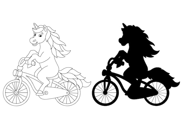 쾌활한 유니콘은 자전거를 타고 아이들을위한 색칠하기 책 페이지 만화 스타일의 캐릭터