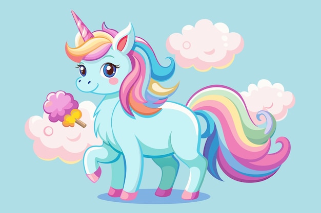 Cheerful unicorn with a mane of cotton candy white cloud Beautiful unicorn vector