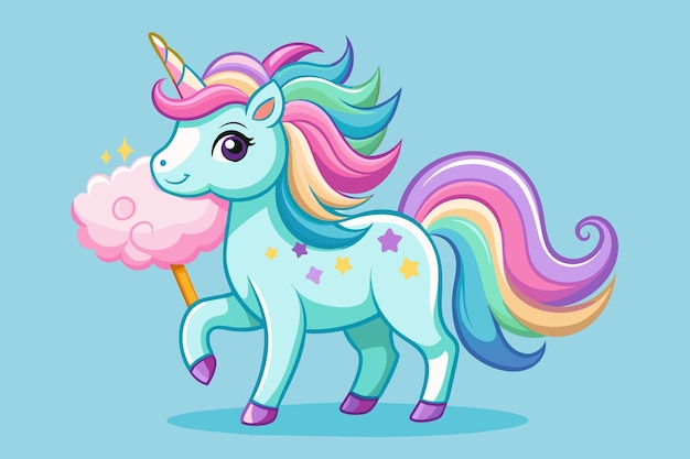 Cheerful unicorn with a mane of cotton candy white cloud Beautiful unicorn vector