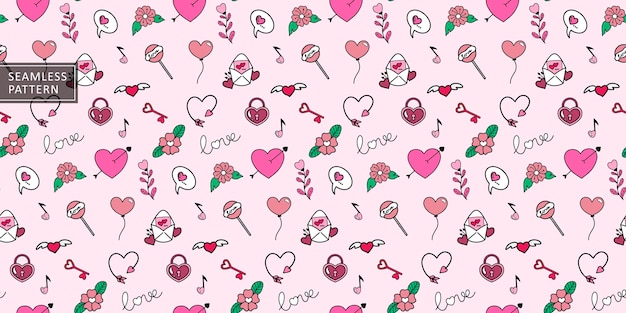 Cheerful vector seamless pattern in pink colors with hearts locks keys letters for postcards textiles wrapping paper and covers