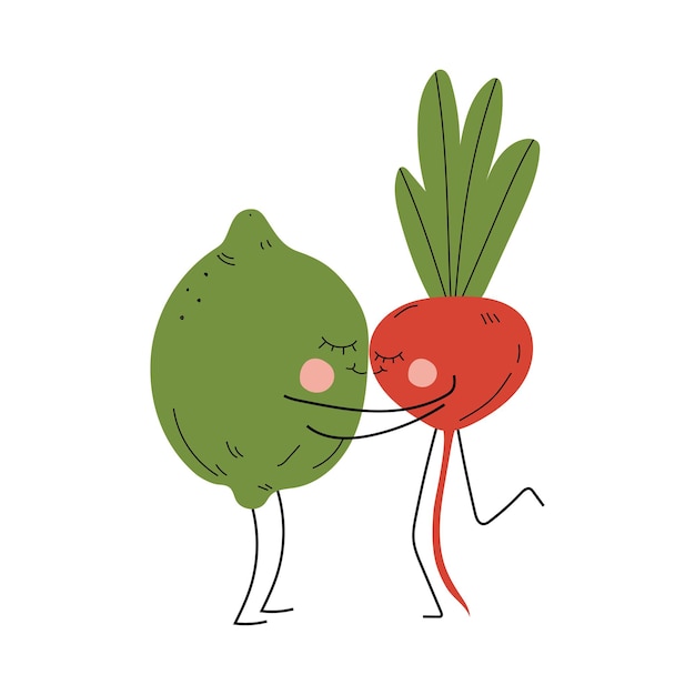 面白い顔の陽気な野菜と果物のキャラクター 親友 恋する幸せなカップル ベクトルイラスト