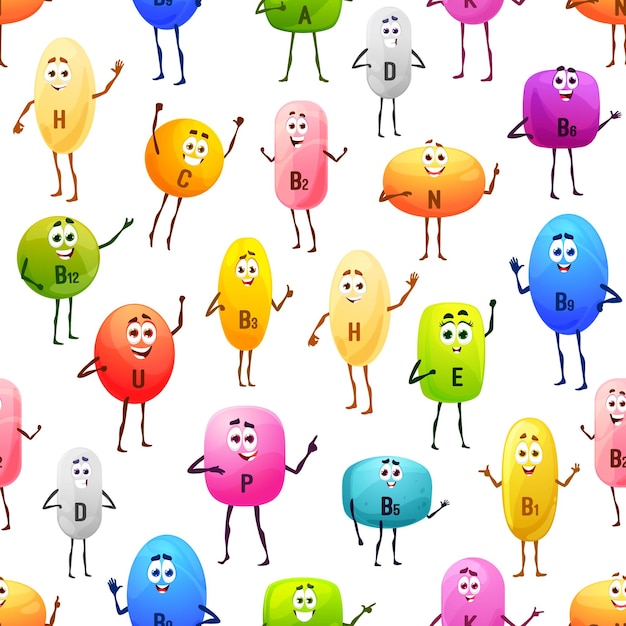 Cheerful vitamin characters seamless pattern