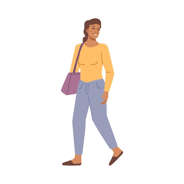 Vector cheerful walking lady strolling female character