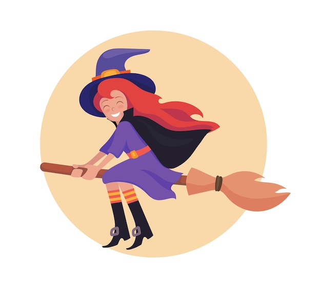 Веселая ведьма летит на метле Векторная иллюстрация для Хэллоуина