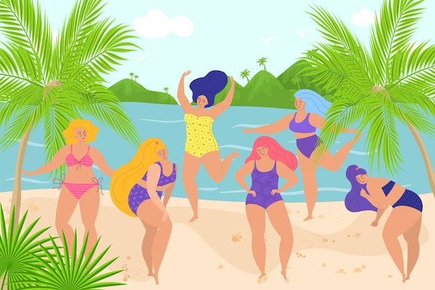 陽気な女性キャラクターの人々が一緒に熱帯の国の海のビーチのボディポジティブな女性のgにジャンプします...