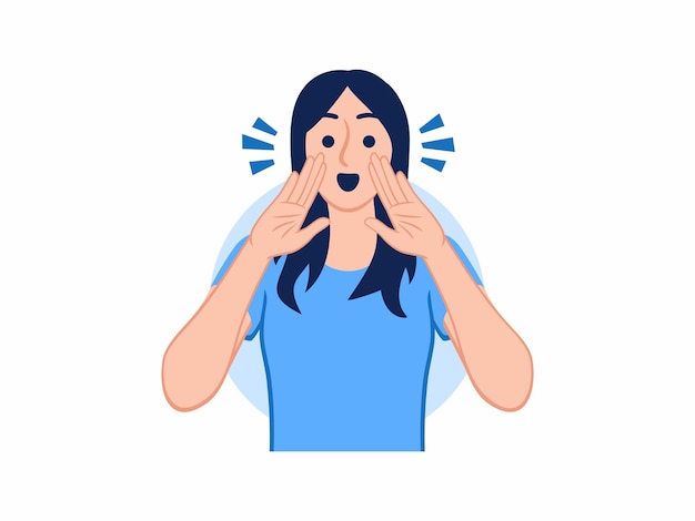 Vector cheerful woman hand near mouth screaming announcement sharing news information promotion attention