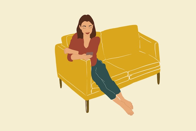 cheerful woman using smartphone while sitting in an elegant pose on yellow comfortable sofa lifestyle concept vector illustration