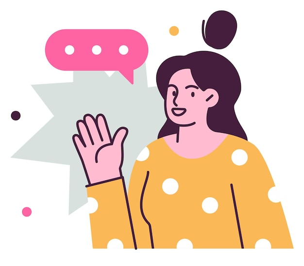 Vector cheerful woman waving with speech bubble