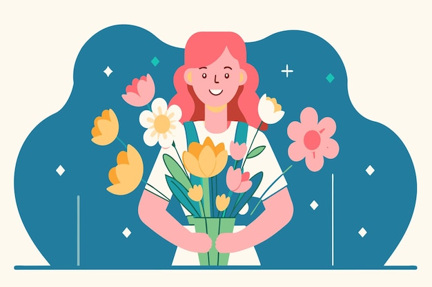 Vector a cheerful woman with a bunch of flowers in a flat design