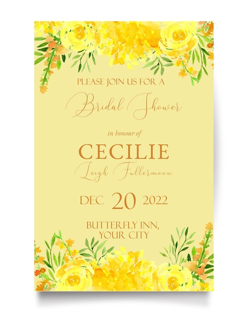 Vector cheerful yellow hydrangea with rose and delphinium flower  bridal shower invitation