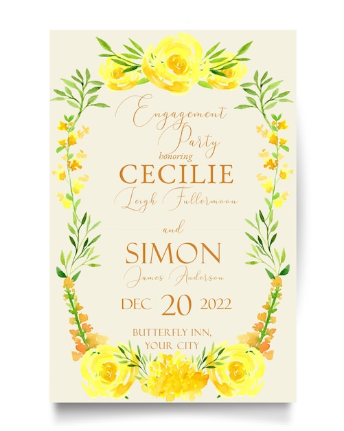 Cheerful yellow hydrangea with rose and delphinium flower wedding engagement party watercolor