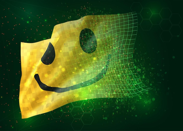 Cheerful yellow smile on vector 3d flag on green background with polygons and data numbers